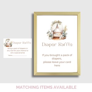 May include: A framed sign with the text "Diaper Raffle" and an illustration of a baby's crib. The sign includes instructions for a diaper raffle and a small card with the same design. The words "Matching Items Available" are at the bottom.