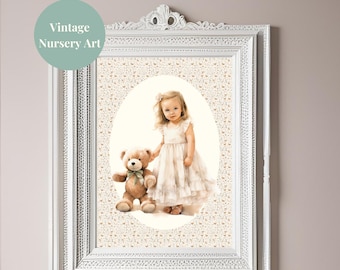 Vintage Girl Floral Nursery Print: Retro Baby Room Decor Digital Download E2