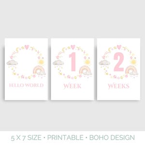 Cartes bébé imprimables étape avec ciel rose fantaisiste, jeu de 16 cartes en téléchargement numérique, accessoires photo bébé du mois, cartes photo nouveau-né USIN