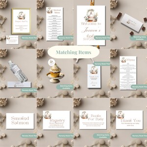 May include: A collection of baby shower stationery items, including a welcome sign, menu, diaper raffle card, thank you cards, and registry information. The designs feature a soft, neutral color palette with floral and tent illustrations.