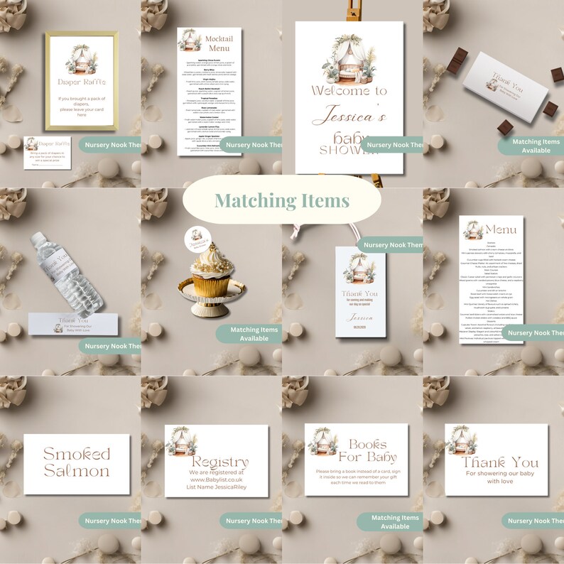 May include: A collection of baby shower stationery items, including a welcome sign, menu, diaper raffle card, thank you cards, and registry information. The designs feature a soft, neutral color palette with floral and tent illustrations.