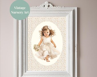 Vintage Girl Nursery Print: Retro Floral Watercolour Art Digital Download E2