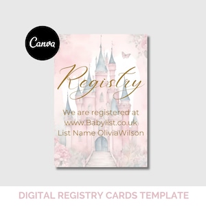 Cartões de registro de chá de bebê com tema de castelo de conto de fadas, rosa suave e dourado, personalizáveis para download digital, tema de princesa mágica para meninas C1