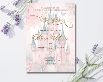 Fairytale Castle Baby Shower Invitation: Soft Pink Princess Theme Canva Template Digital Download C1