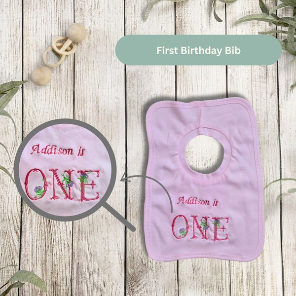 Personalised First Birthday Bib, Baby Name Bib, Floral Letters Bib, Embroidered Bib For Boy or Girl, Customised Birthday Bib, Milestone Bib