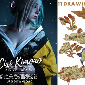 Könnte beinhalten: Elf digitale Zeichnungen von Blumen- und Vogelmotiven in verschiedenen Farben, darunter Gelb, Rot, Blau und Braun. Die Zeichnungen sind mit "Ciri Kimono Collar Drawings" und "JPG Download" beschriftet.
