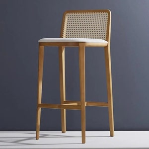 NaggisHome Julia Bar Chair, Wooden Rattan Dining Chair - Rattan Chairs - Leather Chairs - Wooden Legs - Living Room - Kitchen Chair