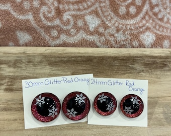 Handpainted Safety Eyes Black Pupil Glitter Red Orange Snowflake Christmas 1 Pair Recessed Eyes for Amigurumi You Choose 30mm, or 24mm