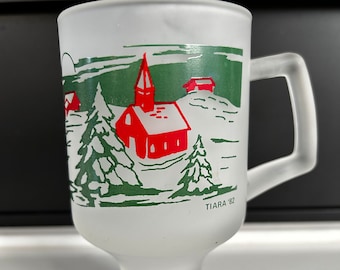 Vintage Tiara Frosted Glass Mug - Church Winter Scene