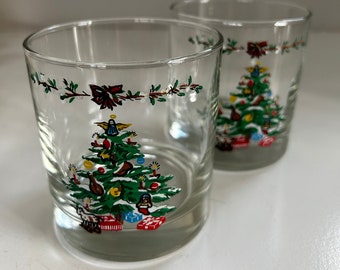Set of 2 Vintage Christmas Glasses - Rocks Old Fashioned Glasses
