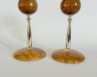 Vintage Oregon Myrtlewood Candle Holders Set of 2 - Mid Century Wood and Brass Candlesticks