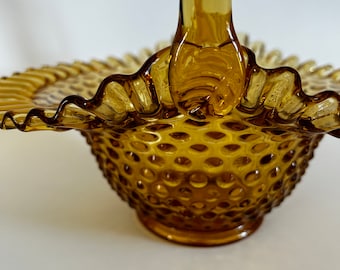 Vintage Fenton Amber Glass Hobnail Basket with Handle