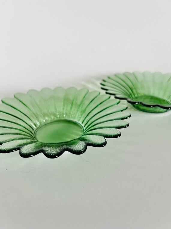 Set of 2 Vintage Green Glass Flower Bowls