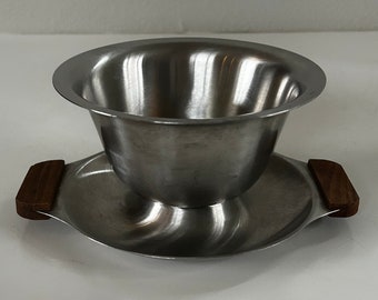 Vintage Mid-Century Modern Stainless Serving Bowl with Teak Handles