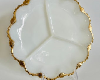 Vintage 1960's Milk Glass Divided Dish with Gold Trim