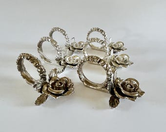 Juego de 6 servilleteros Vintage Princess House – Diseño floral de rosas en plata
