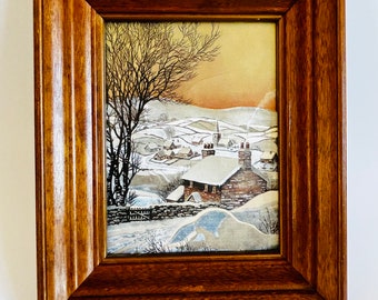 Vintage Etched Foil Landscape Artwork in Beveled Wooden Frame