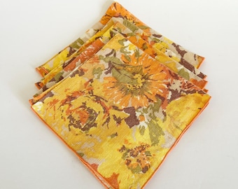 Vintage Mid Century Floral Napkins Set of 4 - Orange Yellow Mod Linen Cotton Napkins - Retro Table Decor