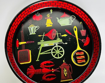 Vintage Round Metal 1960's Tray with Cooking Kitchenware Design