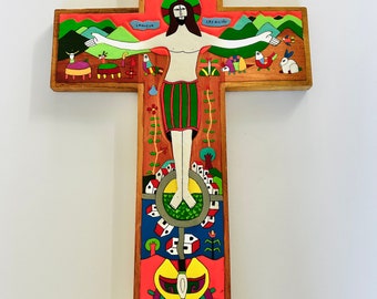 Large Vintage Hand Painted Cross Religious Folk Art Made in El Salvador