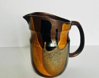 Vintage Mid Century Pottery Craft USA Stoneware Glaze Dipped Brown Pitcher