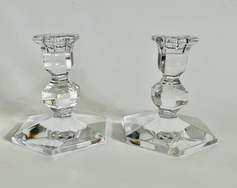 Set of 2 Vintage Val St. Lambert Crystal Candlestick Holders Hexagon