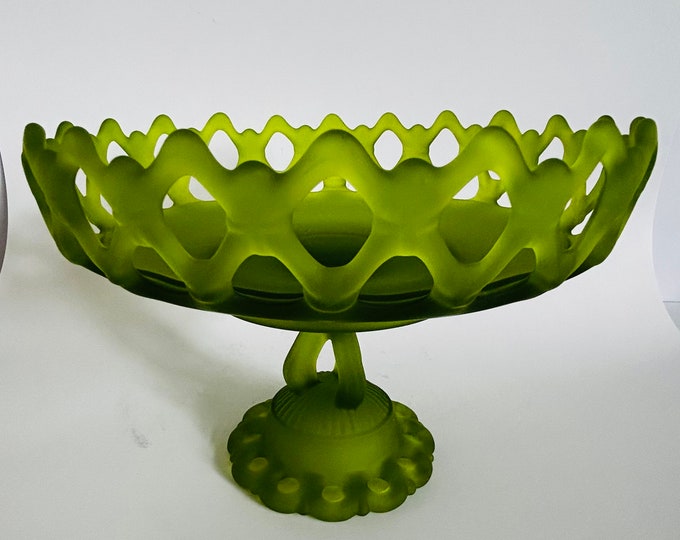 Featured listing image: Vintage Westmoreland Green Mist Satin Glass Lace Edge Compote Pedestal Bowl