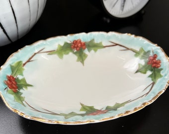 Vintage French T a V Limoges Oval Holly Dish
