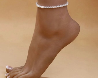 Crystal Rhinestone Elastic Tennis Anklet, Gold Minimalistic Bridal Ankle Bracelet Chain, Silver Body Jewellery