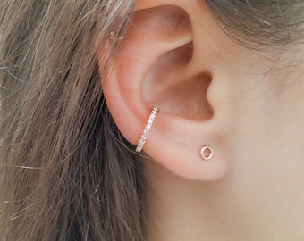 Solid Sterling Silver Minimalistic Zirconia Crystal Ear Cuff - Helix Conch Wrap Huggie Cuff, Cartilage Climber - No Piercing required