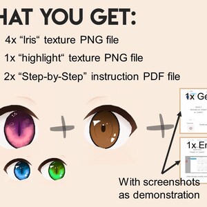Op de afbeelding: Vier verschillende gekleurde iristexturen, &eacute;&eacute;n highlight-textuur en twee stap-voor-stap instructie-PDF-bestanden met schermafbeeldingen. De bestanden zijn bedoeld voor het maken van anime-ogen.