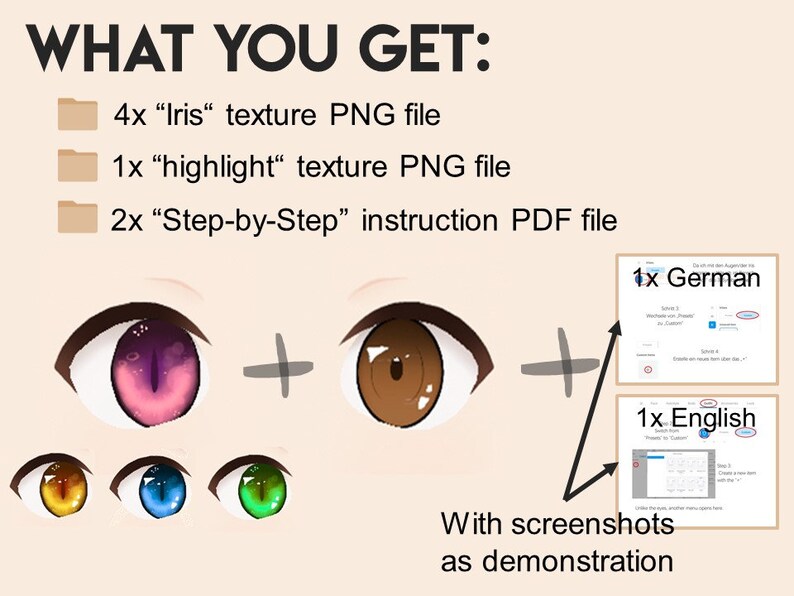 Op de afbeelding: Vier verschillende gekleurde iristexturen, &eacute;&eacute;n highlight-textuur en twee stap-voor-stap instructie-PDF-bestanden met schermafbeeldingen. De bestanden zijn bedoeld voor het maken van anime-ogen.