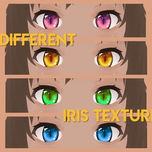 Op de afbeelding: Vier verschillende iristexturen voor anime-ogen. De iris zijn roze, geel, groen en blauw.