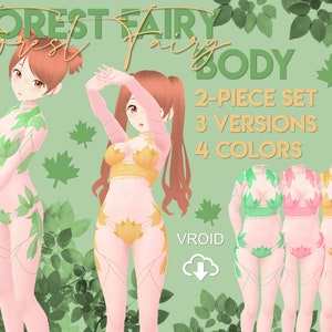 Könnte beinhalten: Eine digitale Illustration eines 2-teiligen Sets von Waldfeen-Körperoutfits für virtuelle Avatare. Die Outfits sind in 3 Versionen und 4 Farben erhältlich. Der Text "FOREST FAIRY BODY" befindet sich oben im Bild. Der Text "2-PIECE SET 3 VERSIONS 4 COLORS" befindet sich in der Mitte des Bildes. Der Text "VROID" befindet sich unten im Bild.