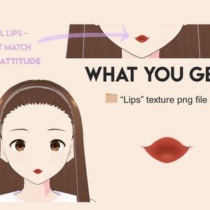 Peut inclure: Illustration num&eacute;rique d'une femme aux cheveux bruns et aux yeux bruns. La femme porte une chemise blanche. L'image comprend le texte "FULL LIPS - THAT MATCH YOUR ATTITUDE" et "WHAT YOU GET: "Lips" texture png file".