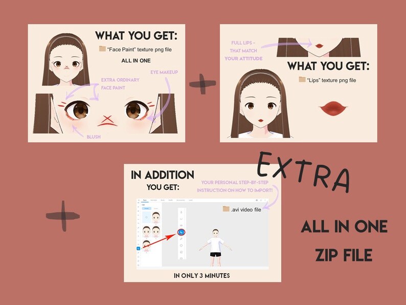 Peut inclure: Une illustration num&eacute;rique montrant ce qui est inclus dans un t&eacute;l&eacute;chargement num&eacute;rique pour la cr&eacute;ation de personnages d'anime. L'illustration montre un personnage f&eacute;minin d'anime avec diff&eacute;rents traits du visage, y compris les yeux, les l&egrave;vres et le rougeur. Le texte "What You Get" est inclus dans l'image. L'illustration montre &eacute;galement un fichier vid&eacute;o et le texte "In Addition You Get". Le texte "All in One Zip File" est &eacute;galement inclus dans l'image.