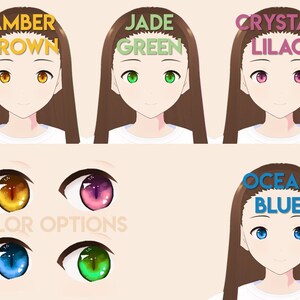 Op de afbeelding: Vier verschillende oogkleuren worden getoond: amberbruin, jadegroen, kristallila en oceaanblauw. De kleuren worden weergegeven op een witte achtergrond met de namen van de kleuren boven elk oog.