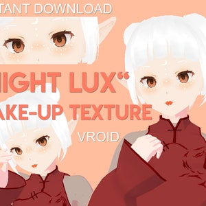 Peut inclure: Illustration numérique d'un personnage d'anime aux cheveux blancs et aux oreilles d'elfe portant une robe rouge de style chinois. Le texte "NIGHT LUX" et "MAKE-UP TEXTURE" est affiché en rose et blanc. Le texte "VROID" est affiché en blanc.