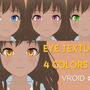 Op de afbeelding: Vier verschillende oogtexturen voor virtuele avatars. De ogen zijn blauw, roze, groen en geel. De tekst "EYE TEXTURE 4 COLORS VROID" staat onderaan de afbeelding.