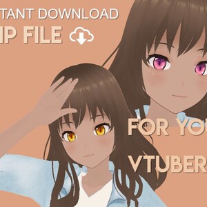 Op de afbeelding: Digitale illustratie van twee anime-achtige personages met bruin haar. Het personage links draagt een lichtblauw shirt en heeft gele ogen. Het personage rechts heeft roze ogen. De tekst "INSTANT DOWNLOAD ZIP FILE" staat bovenaan de afbeelding. De tekst "FOR YOUR VTUBER" staat onderaan de afbeelding.