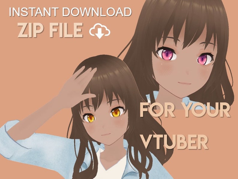 Op de afbeelding: Digitale illustratie van twee anime-achtige personages met bruin haar. Het personage links draagt een lichtblauw shirt en heeft gele ogen. Het personage rechts heeft roze ogen. De tekst "INSTANT DOWNLOAD ZIP FILE" staat bovenaan de afbeelding. De tekst "FOR YOUR VTUBER" staat onderaan de afbeelding.