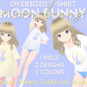 Könnte beinhalten: Eine digitale Illustration einer Figur, die drei verschiedene übergroße T-Shirts mit einem Mondhasen-Design trägt. Die T-Shirts sind in Hellblau, Weiß und Gelb. Der Text "OVERSIZED T-SHIRT MOON BUNNY" befindet sich oben im Bild. Der Text "中秋节" befindet sich in der oberen linken Ecke des Bildes. Der Text "1 PIECE 2 DESIGNS 3 COLORS" befindet sich in der Mitte des Bildes. Der Text "Chinese Moon Festival Special" befindet sich unten im Bild.