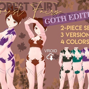 May include: A 2-piece set of digital clothing for virtual avatars. The set features a gothic-inspired design with leaf patterns in purple, brown, green, and red. The text "Forest Fairy Goth Edition" is visible in the image. The set includes 3 versions and 4 colours.