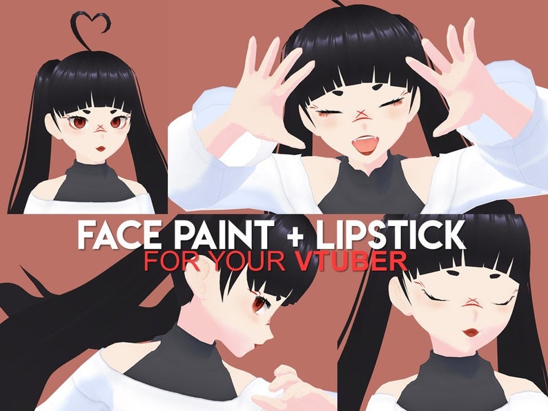 Peut inclure: Illustration num&eacute;rique d'un personnage d'anime f&eacute;minin aux cheveux noirs et aux yeux rouges. Le personnage a de la peinture rouge sur le visage et du rouge &agrave; l&egrave;vres rouge. Le texte "FACE PAINT + LIPSTICK FOR YOUR VTUBER" est affich&eacute; sous le personnage.