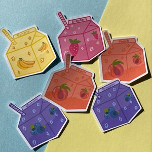 Milk Carton Stickers - set of 4 - Strawberry, Banana, Blueberry, Peach | cute | Glossy | Die Cut