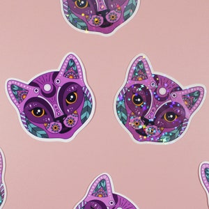Leuke Kat Mandala Sticker | Waterdichte Vinyl Glossy Star Sticker Holografische Glitter | Witchy Kitty | Telefoon Laptop Waterfles Sticker