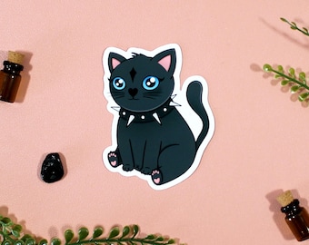 Goth Kitty Black Cat Sticker | Cute Vinyl Waterproof Glossy Sticker | Kindle Phone Laptop Scrapbooking Bullet Journal