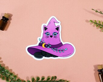 Witchy Hat Cat Sticker | Cute Vinyl Waterproof Glossy Sticker | Kindle Phone Laptop Scrapbooking Bullet Journal