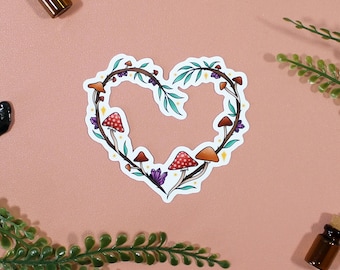 Magical Wood Heart Gemstones Mushroom | Cute Vinyl Waterproof Glossy Sticker | Kindle Phone Laptop Scrapbooking Bullet Journal