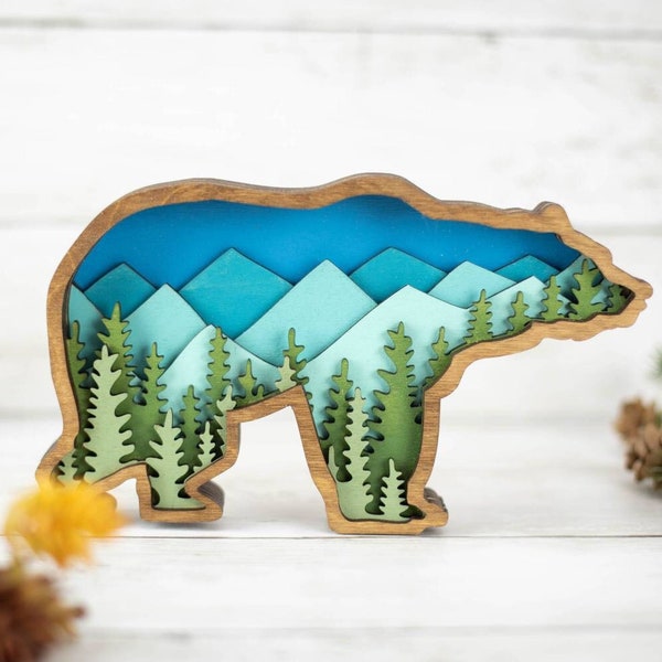 Layered Bear Art with Mountains and Trees great gift for outdoor lover home, cabin, blue and green nature colors